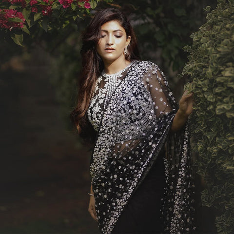 Gorgeous Black Net Embroidery Work Saree