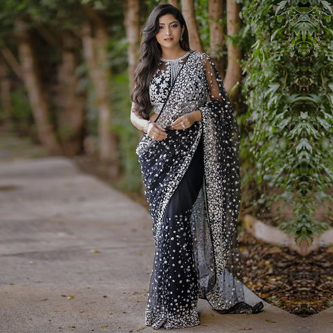 Gorgeous Black Net Embroidery Work Saree