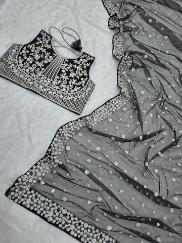 Gorgeous Black Net Embroidery Work Saree