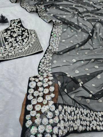 Gorgeous Black Net Embroidery Work Saree