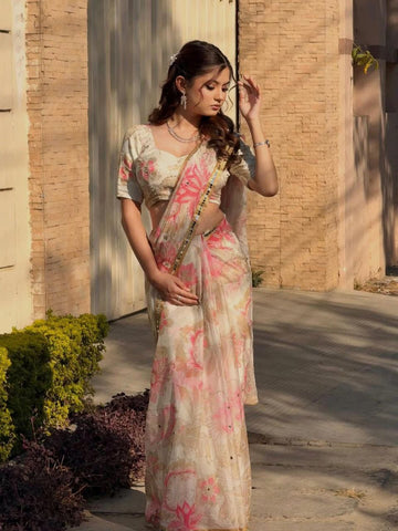 Lovely Cream Silk with Mirror Work Saree