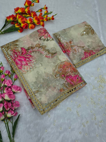 Lovely Cream Silk with Mirror Work Saree
