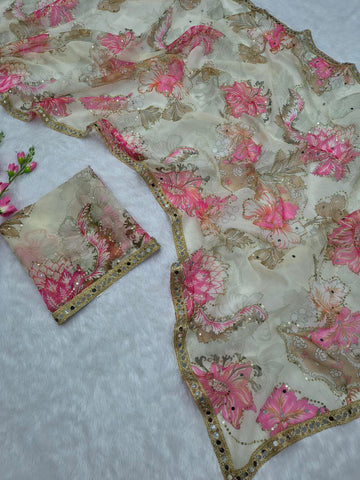 Lovely Cream Silk with Mirror Work Saree