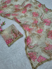 Lovely Cream Silk with Mirror Work Saree