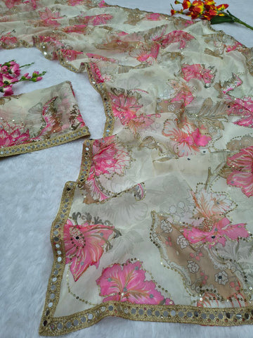 Lovely Cream Silk with Mirror Work Saree
