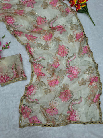 Lovely Cream Silk with Mirror Work Saree