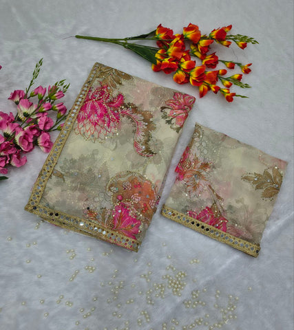 Lovely Cream Silk with Mirror Work Saree
