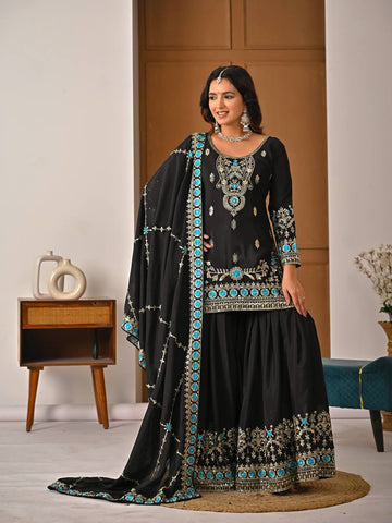 Charming Black Heavy NC Vichitra Silk Embroidery Sharara Palazzo Set