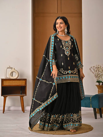 Charming Black Heavy NC Vichitra Silk Embroidery Sharara Palazzo Set