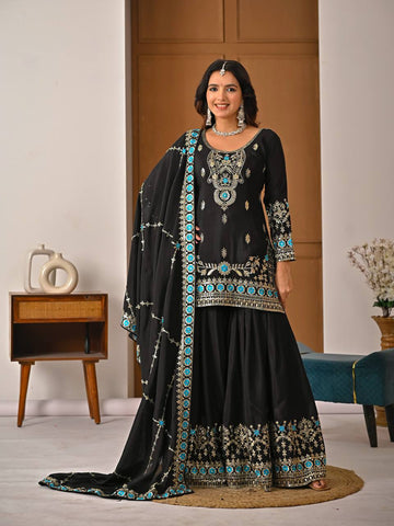 Charming Black Heavy NC Vichitra Silk Embroidery Sharara Palazzo Set