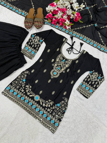 Charming Black Heavy NC Vichitra Silk Embroidery Sharara Palazzo Set
