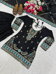Charming Black Heavy NC Vichitra Silk Embroidery Sharara Palazzo Set