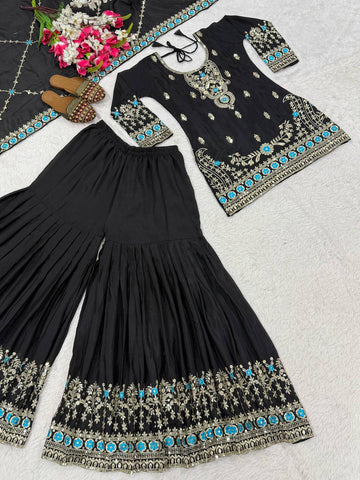 Charming Black Heavy NC Vichitra Silk Embroidery Sharara Palazzo Set