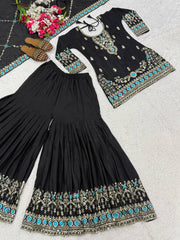 Charming Black Heavy NC Vichitra Silk Embroidery Sharara Palazzo Set