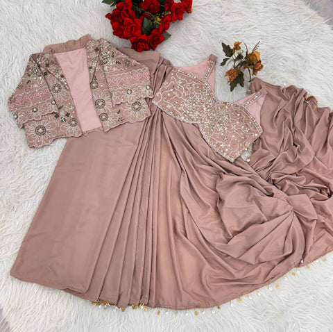 Exclusive Pink Heavy Crep Silk Lace Work Saree