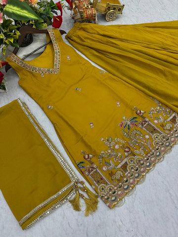 Exclusive Yellow Star Georgette with Embroidery Work Kurti Set