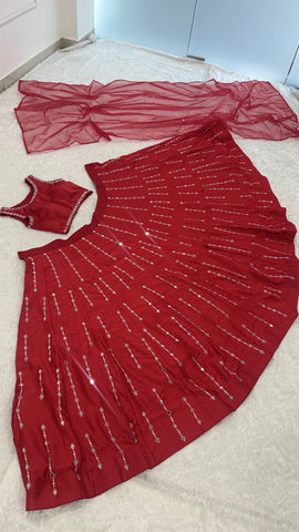 Exclusive Red Malai Satin Silk with Real Mirror Work Lehenga