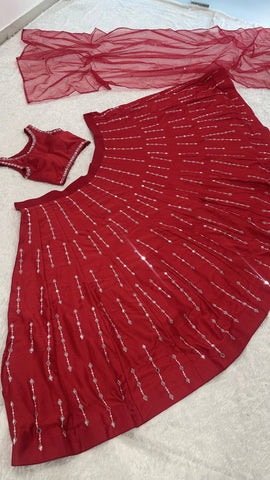 Exclusive Red Malai Satin Silk with Real Mirror Work Lehenga