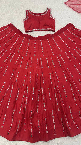 Exclusive Red Malai Satin Silk with Real Mirror Work Lehenga