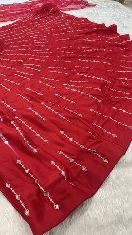 Exclusive Red Malai Satin Silk with Real Mirror Work Lehenga