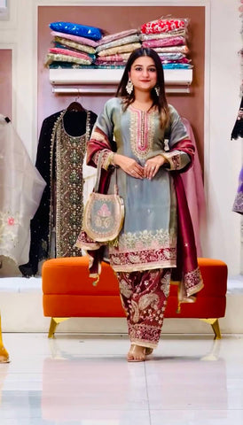 Elegant Maroon Heavy GMY Silk Embroidered Sharara Suit