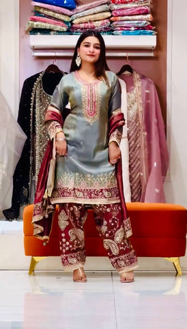 Elegant Maroon Heavy GMY Silk Embroidered Sharara Suit