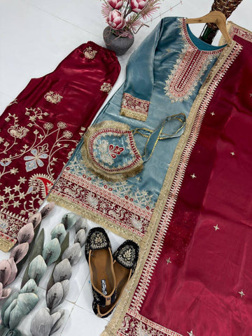 Elegant Maroon Heavy GMY Silk Embroidered Sharara Suit