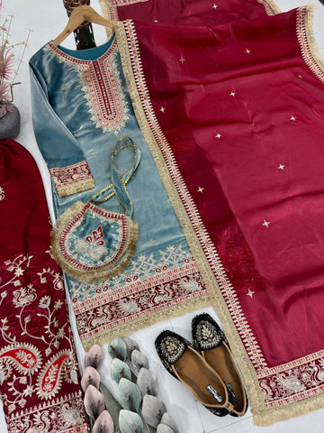 Elegant Maroon Heavy GMY Silk Embroidered Sharara Suit