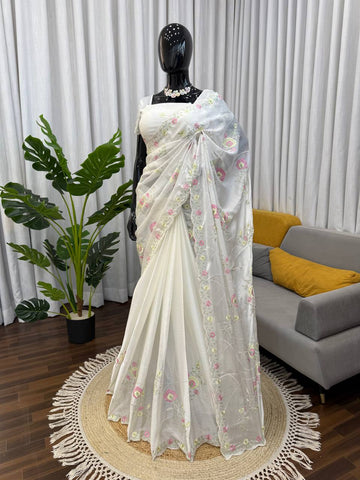 Lovely White Chiffon with Thread Work Saree