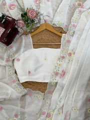 Lovely White Chiffon with Thread Work Saree
