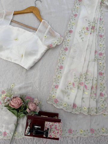 Lovely White Chiffon with Thread Work Saree