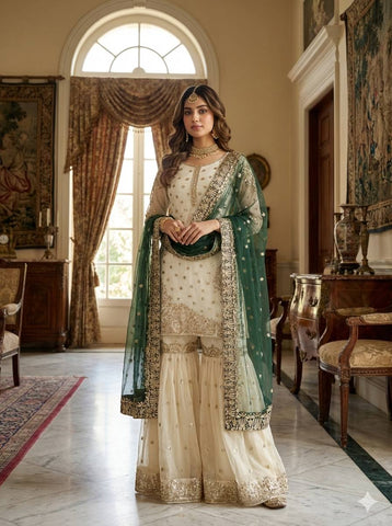 Cream Color Silk with Sequence Work Sharara Suit