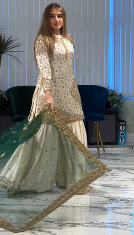 Cream Color Silk with Sequence Work Sharara Suit