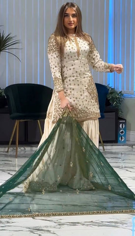 Cream Color Silk with Sequence Work Sharara Suit