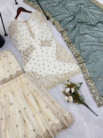 Cream Color Silk with Sequence Work Sharara Suit