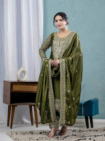 Charming Green Chinnon Silk with Embroidery Work Sharara Suit