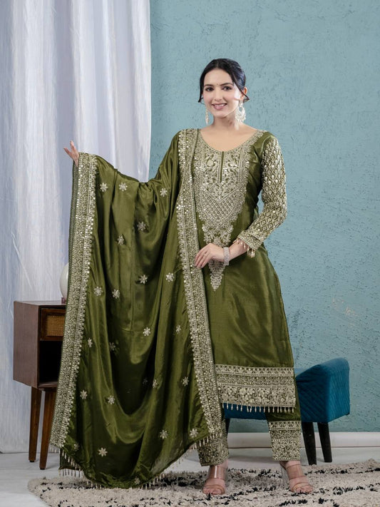 Charming Green Chinnon Silk with Embroidery Work Sharara Suit