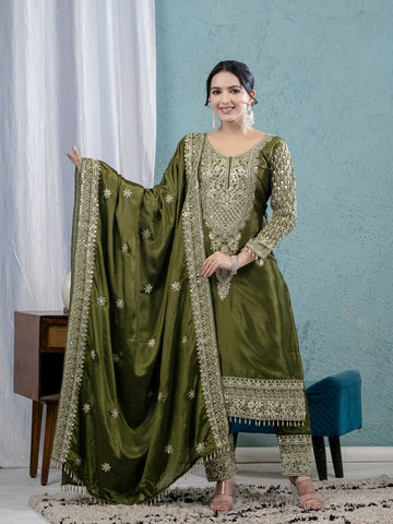 Charming Green Chinnon Silk with Embroidery Work Sharara Suit