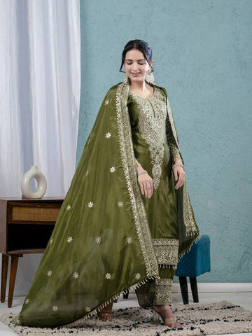 Charming Green Chinnon Silk with Embroidery Work Sharara Suit