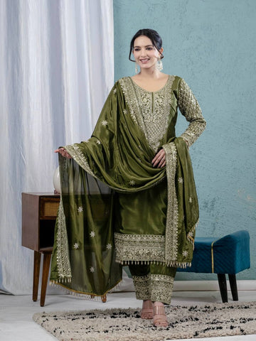 Charming Green Chinnon Silk with Embroidery Work Sharara Suit