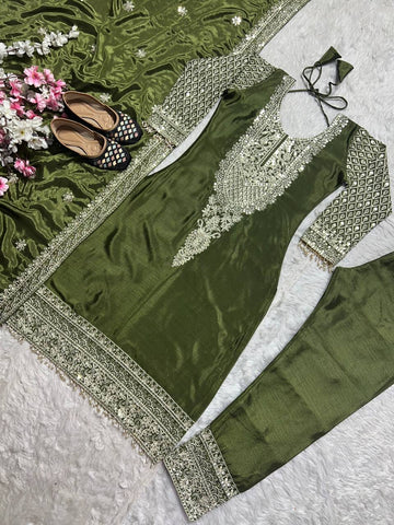 Charming Green Chinnon Silk with Embroidery Work Sharara Suit