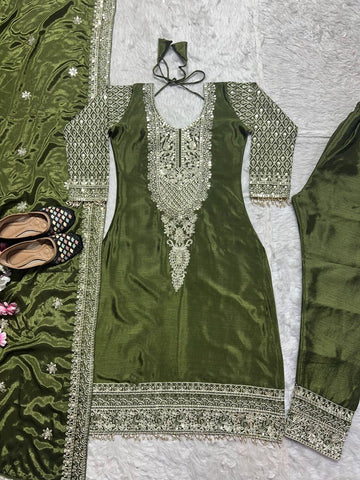 Charming Green Chinnon Silk with Embroidery Work Sharara Suit