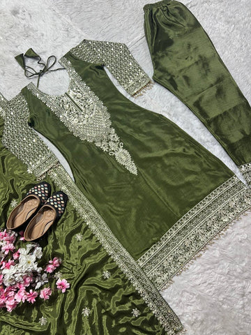 Charming Green Chinnon Silk with Embroidery Work Sharara Suit