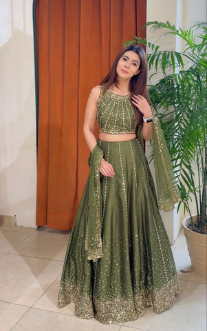 Amazing Olive Vichitra Silk Embroidery Lehenga Choli