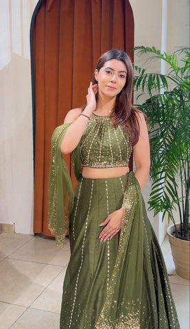 Amazing Olive Vichitra Silk Embroidery Lehenga Choli