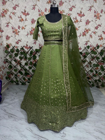 Amazing Olive Vichitra Silk Embroidery Lehenga Choli