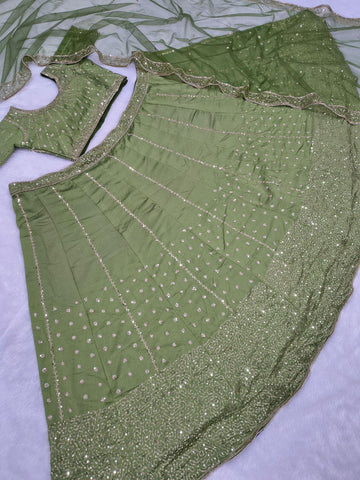 Amazing Olive Vichitra Silk Embroidery Lehenga Choli