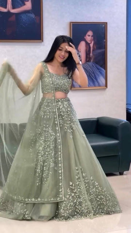 Exclusive Green Soft Butterfly Net Coding Sequence Lehenga