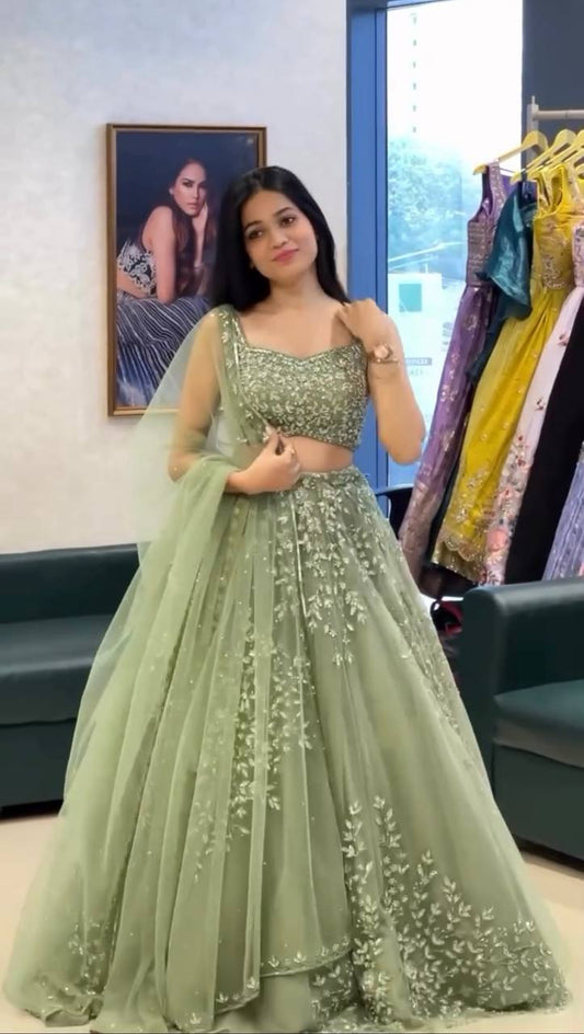 Exclusive Green Soft Butterfly Net Coding Sequence Lehenga