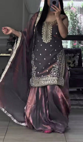 Captivating Maroon Heavy Fandy Silk with Sequence Work Sharara Suit